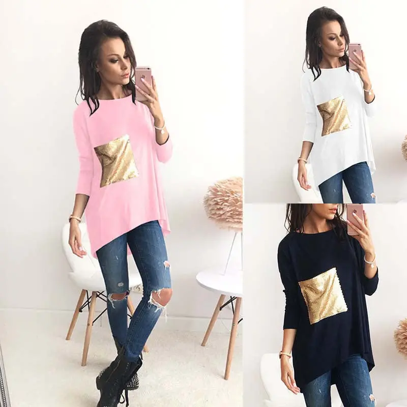 Nice Breif Shirts Women's Asymmetric O Neck Long Bottoming Tunic Shirts With Sequined Clothings Lx101 6