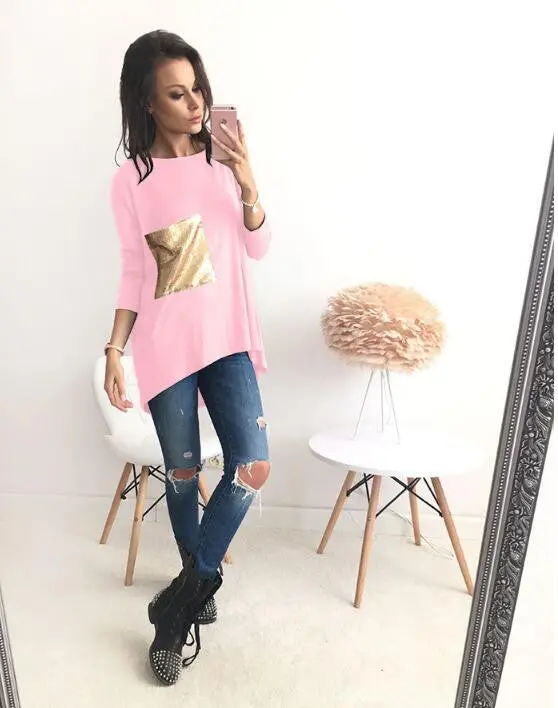 Nice Breif Shirts Women's Asymmetric O Neck Long Bottoming Tunic Shirts With Sequined Clothings Lx101 8