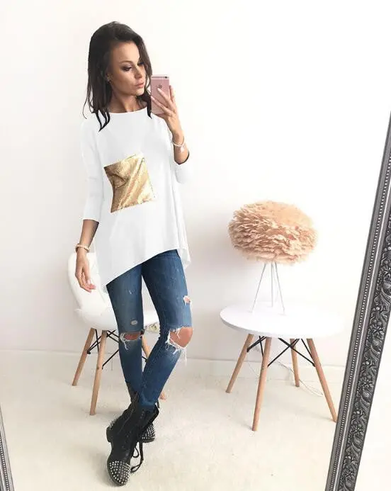 Nice Breif Shirts Women's Asymmetric O Neck Long Bottoming Tunic Shirts With Sequined Clothings Lx101 9