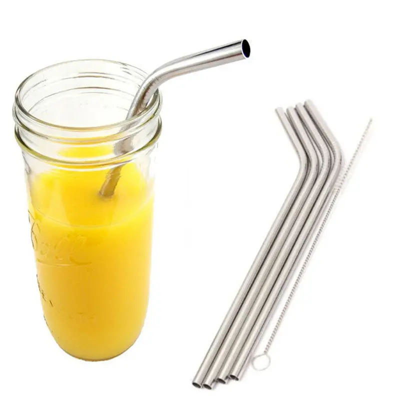 Novelty 4 Stainless Steel Metal Reusable Cocktail Drinking Straws 1 Cleaner Brush Kits 81517 1