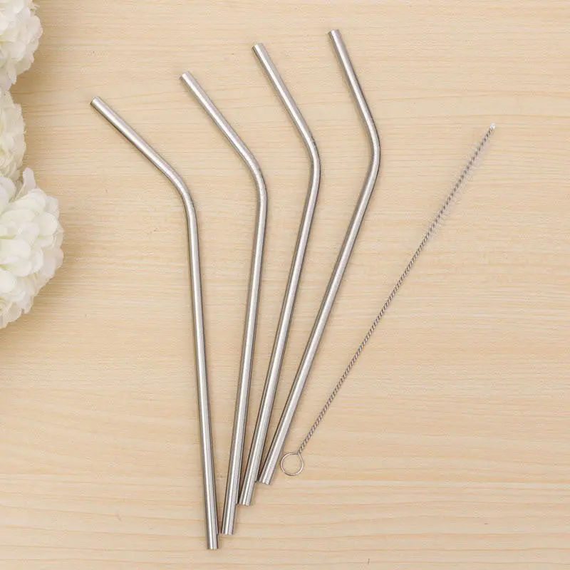 Novelty 4 Stainless Steel Metal Reusable Cocktail Drinking Straws 1 Cleaner Brush Kits 81517 2