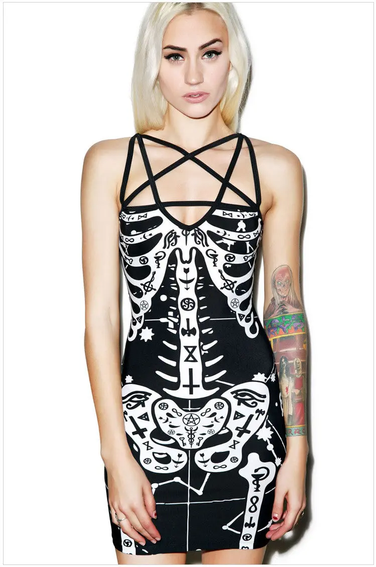 Novelty Design Occult Bones Printed Dress Skeleton Dress For Holloween Sexy Bodycon Bandage Mini Dress 1