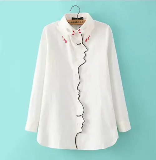Novelty Women's White Girl Face Line Embroidered Shirt Vintage Long Sleeve Lapel Buttons Slim Hand Collar Loose Blouse 1