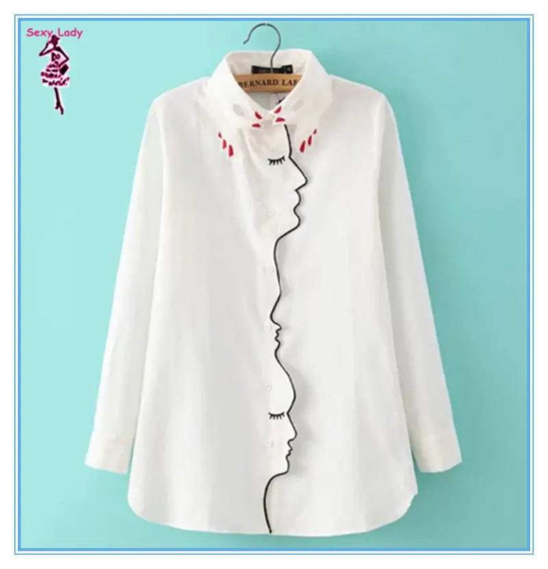 Novelty Women's White Girl Face Line Embroidered Shirt Vintage Long Sleeve Lapel Buttons Slim Hand Collar Loose Blouse 2