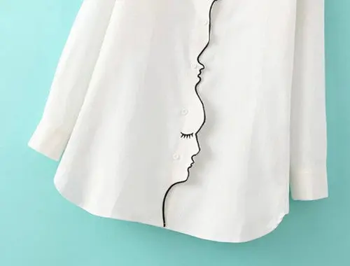 Novelty Women's White Girl Face Line Embroidered Shirt Vintage Long Sleeve Lapel Buttons Slim Hand Collar Loose Blouse 3
