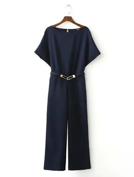 O Neck Backless Jumpsuit With Belt Women Slit Bat Sleeve Full Length Rompers Playsuit Navy Blue 1