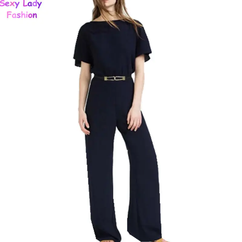 O Neck Backless Jumpsuit With Belt Women Slit Bat Sleeve Full Length Rompers Playsuit Navy Blue 2