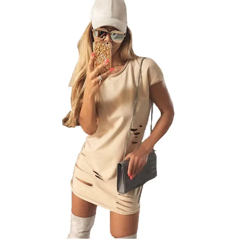 O Neck Casual Dress Women Short Sleeve Bodycon Dress With Holes Robe Femme Solid Color Slim Mini Dresses For Women 1