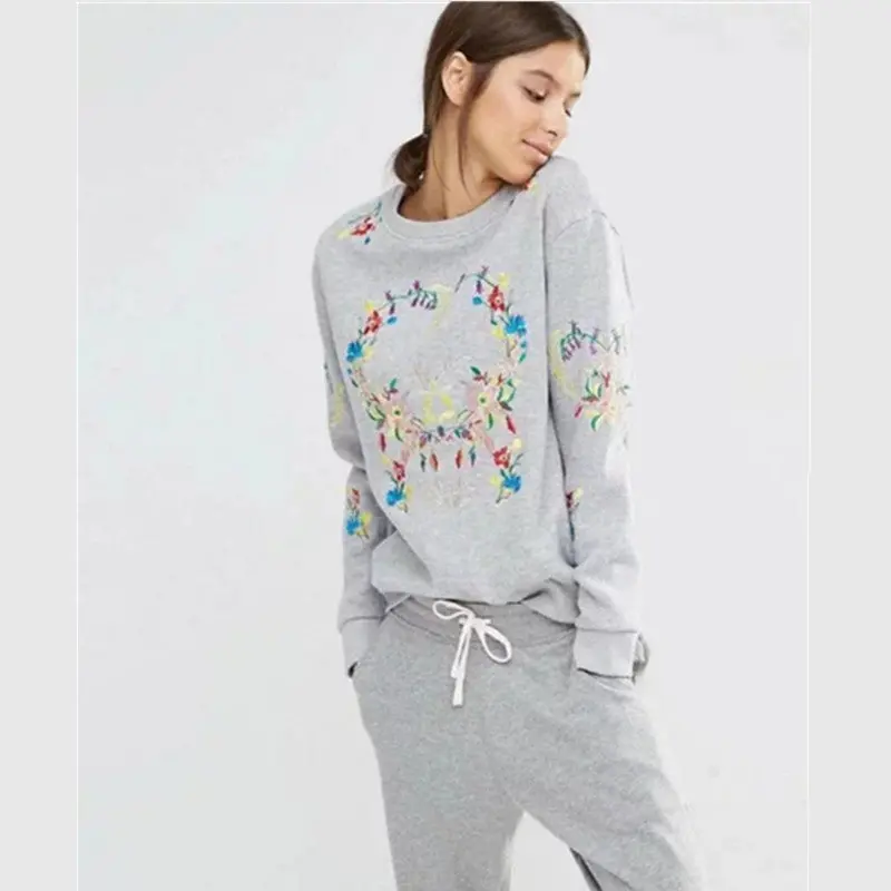 O Neck Embroidery Sweatshirt Women Pullover Long Sleeve Hoodies Casual Jumper Sweats Tops Gray Black Color 3
