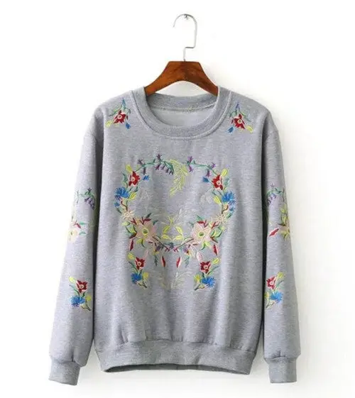O Neck Embroidery Sweatshirt Women Pullover Long Sleeve Hoodies Casual Jumper Sweats Tops Gray Black Color 4