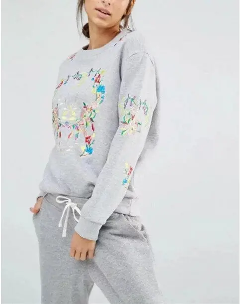 O Neck Embroidery Sweatshirt Women Pullover Long Sleeve Hoodies Casual Jumper Sweats Tops Gray Black Color 4