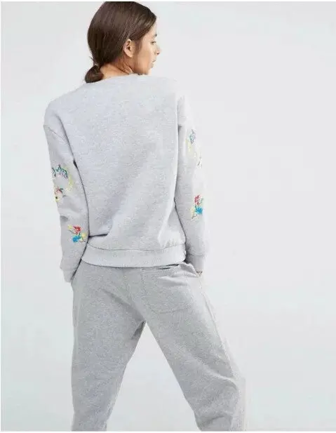 O Neck Embroidery Sweatshirt Women Pullover Long Sleeve Hoodies Casual Jumper Sweats Tops Gray Black Color 5