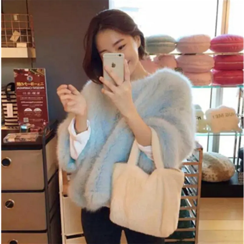 O Neck Flare Sleeve Long Hairy Shaggy Faux Fur Pullovers Coat Women 3/4 Sleeve Loose Outerwear 2 Color 1