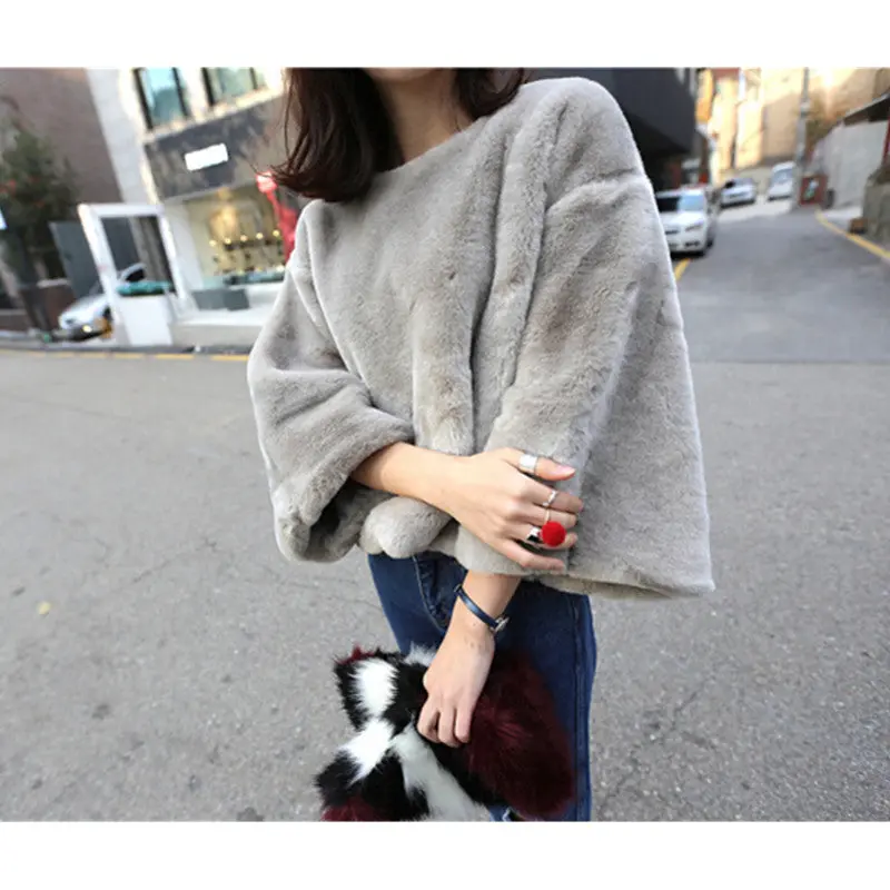O Neck Flare Sleeve Long Hairy Shaggy Faux Fur Pullovers Coat Women Loose Outerwear Gray Black 1