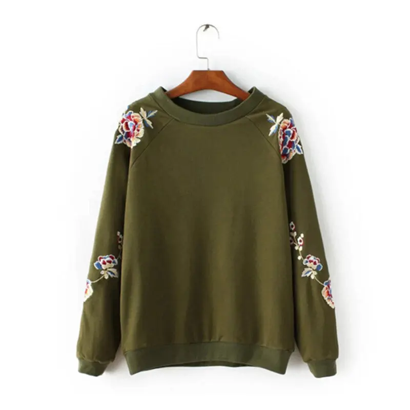 O Neck Flower Bird Embroidery Sweatshirt Women Pullover Long Sleeve Hoodies Casual Jumper Sweats Tops Army Green Color 1