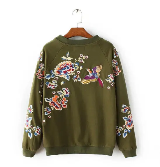 O Neck Flower Bird Embroidery Sweatshirt Women Pullover Long Sleeve Hoodies Casual Jumper Sweats Tops Army Green Color 3