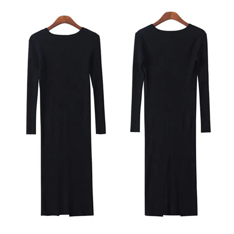 O Neck Knitted Split Tight Sweater Dress Women Long Sleeve Knitwear Pullovers Long Jumper Dames Kleding Jerseis S M L Xl 1