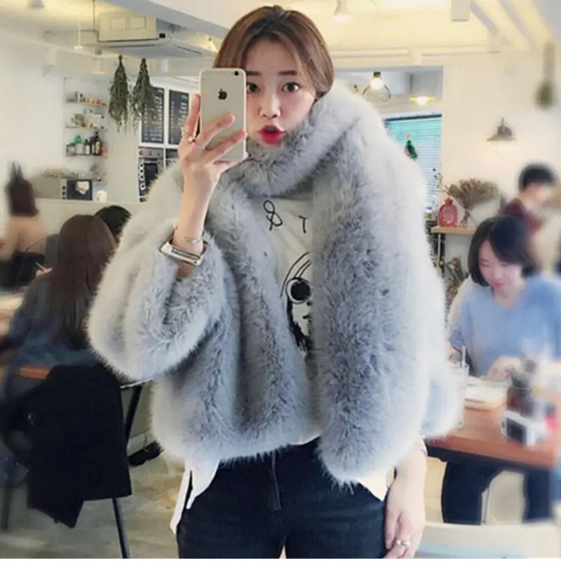 O Neck Long Hairy Shaggy Faux Fox Fur Jackets With Scarf 1 Set Woman Three Quarter Sleeve Loose Faux Fur Coat Outerwear 1