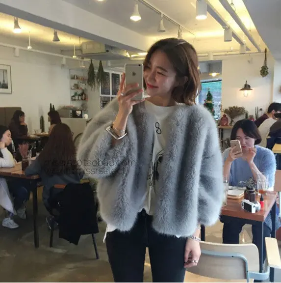 O Neck Long Hairy Shaggy Faux Fox Fur Jackets With Scarf 1 Set Woman Three Quarter Sleeve Loose Faux Fur Coat Outerwear 3
