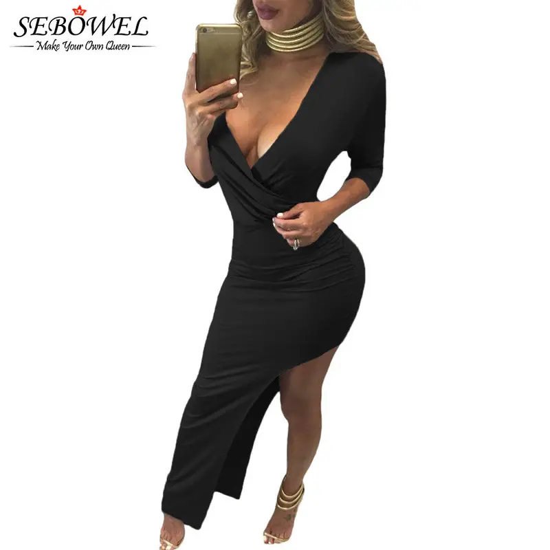 Oblique Hem Bodycon Dress Sexy 34 Quarter Black Long Sleeve Dress Party Long Asymmetric Maxi Dress 3