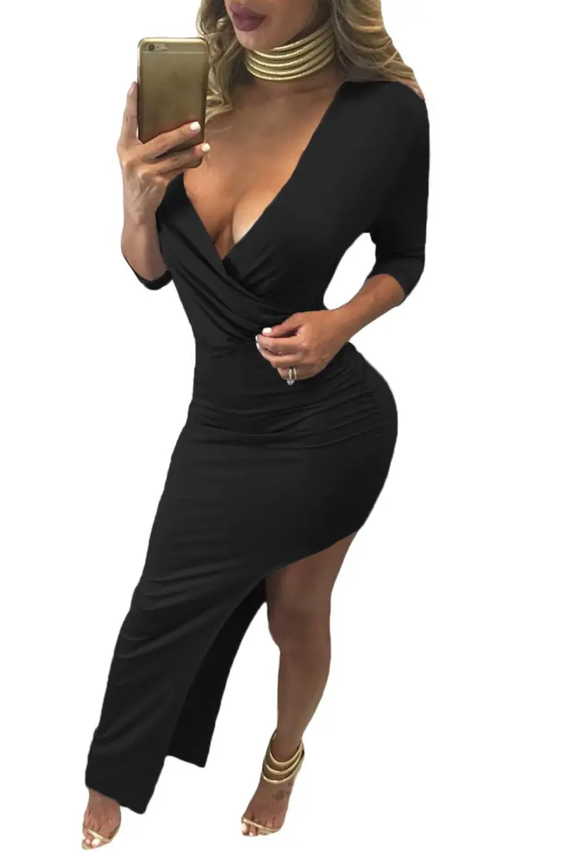 Oblique Hem Bodycon Dress Sexy 34 Quarter Black Long Sleeve Dress Party Long Asymmetric Maxi Dress 4