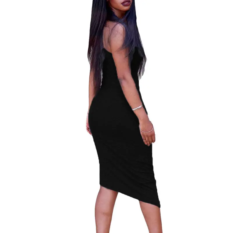 Oblique Hem Cold Shoulder Knee Length Backless Casual Dress Midi Sleeveess Black Bodycon Dress Robe Moulante 5