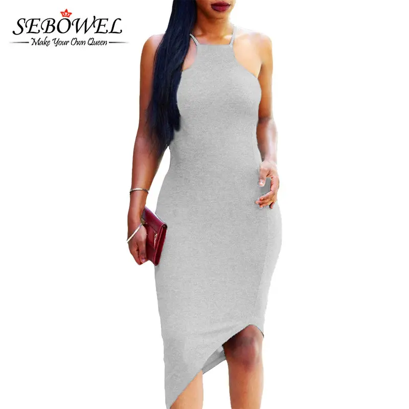 Oblique Hem Cold Shoulder Knee Length Backless Casual Dress Midi Sleeveess Black Bodycon Dress Robe Moulante 6