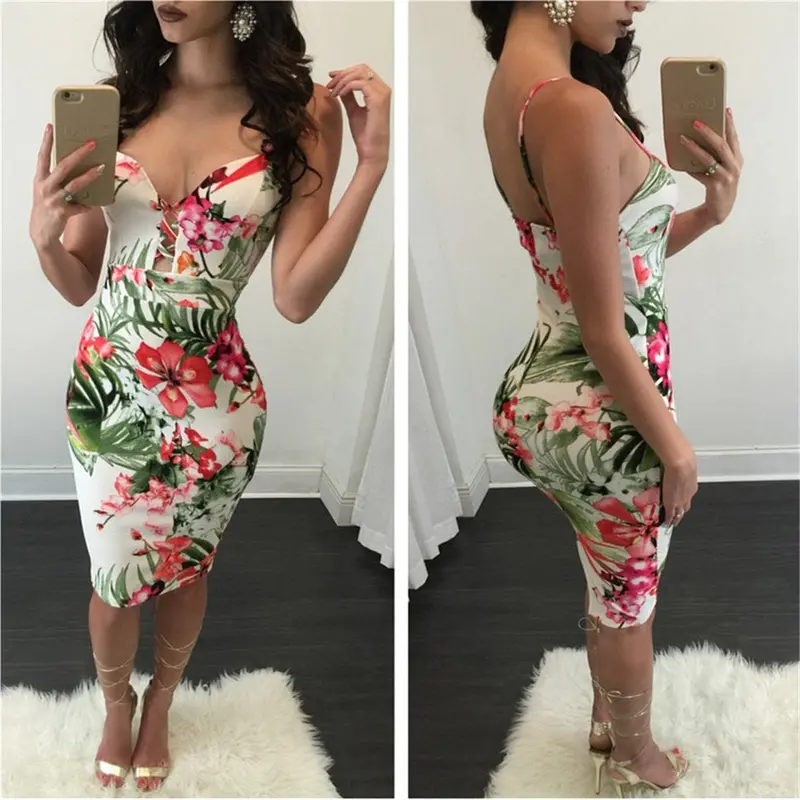 Occident Sexy Halter Strap Dress Hem Slit Printing Floral Dress 1