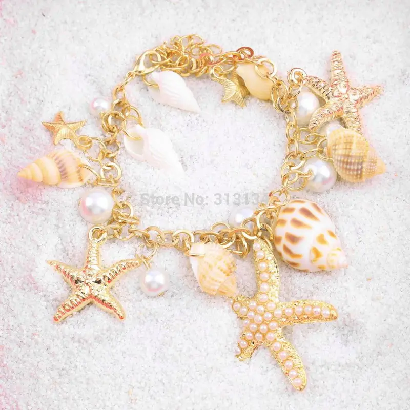 Ocean Style Multi Starfish Sea Star Conch Shell Simulated-Pearl Chain Beach Bracelet Bangle Novelty 1
