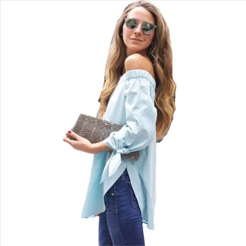 Off Shoulder Blouse Sexy Tops Long Sleeve Bow-Knot Blouses And Shirts Women Loose Split Women Tops Blusas 1