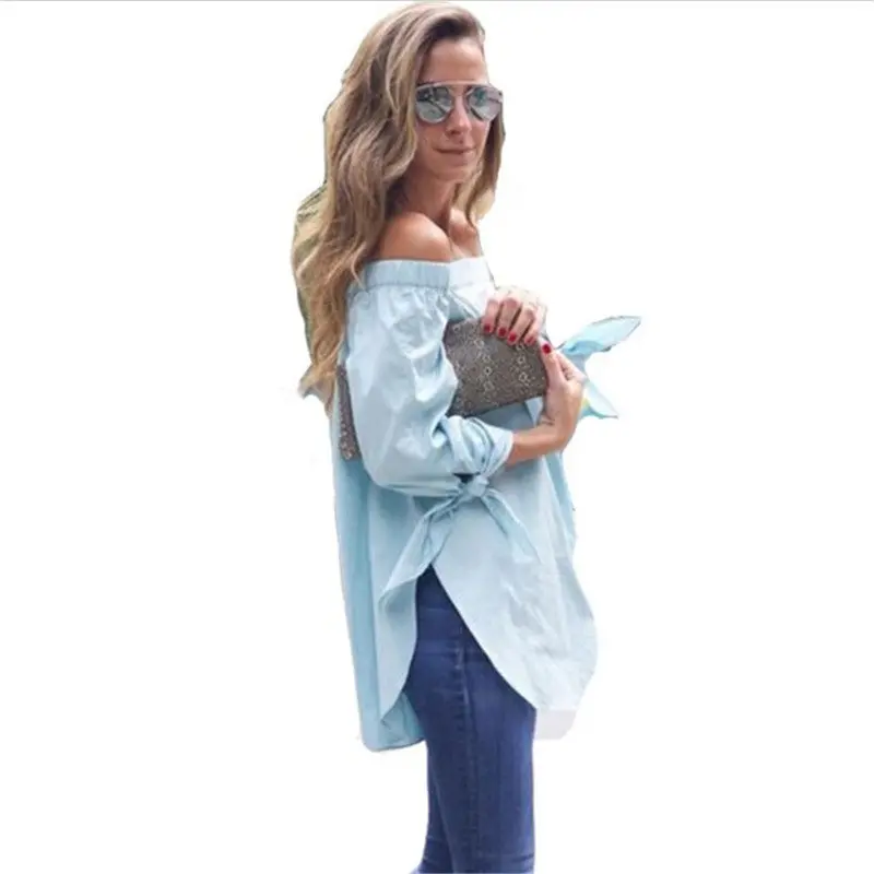 Off Shoulder Blouse Sexy Tops Long Sleeve Bow-Knot Blouses And Shirts Women Loose Split Women Tops Blusas 3