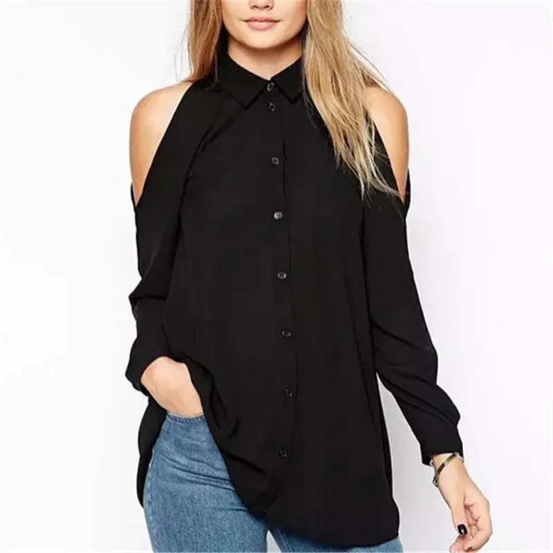 Off Shoulder Blouses And Shirts Turn Down Collar Long Sleeve Women Blouse Blusas Cold Shoulder Tops Black White 3