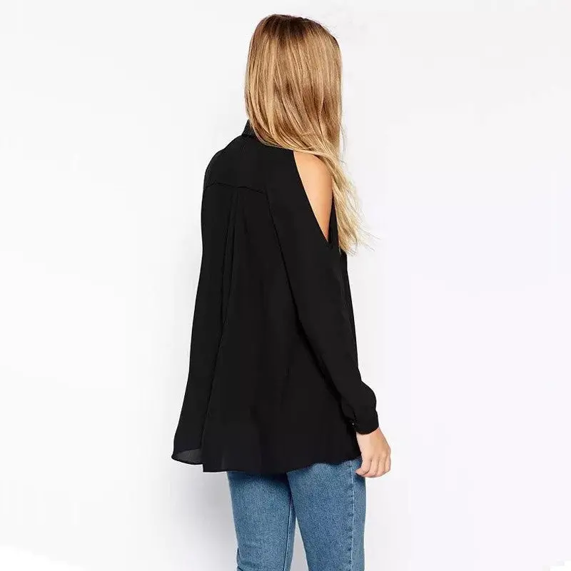 Off Shoulder Blouses And Shirts Turn Down Collar Long Sleeve Women Blouse Blusas Cold Shoulder Tops Black White 4