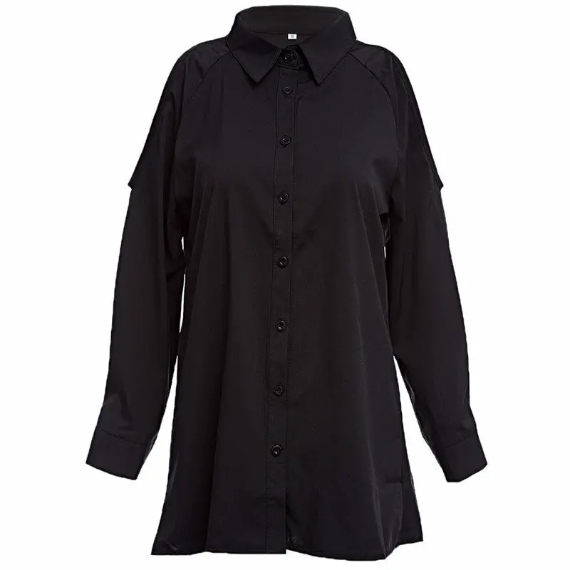 Off Shoulder Blouses And Shirts Turn Down Collar Long Sleeve Women Blouse Blusas Cold Shoulder Tops Black White 5