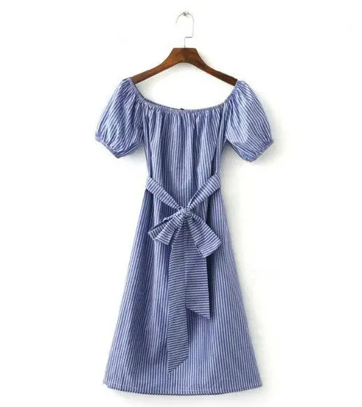 Off Shoulder Blue White Striped Print Dress With Sashes Waist Women Slash Neck Shoulderless Short Sleeve Dresses S M L 1