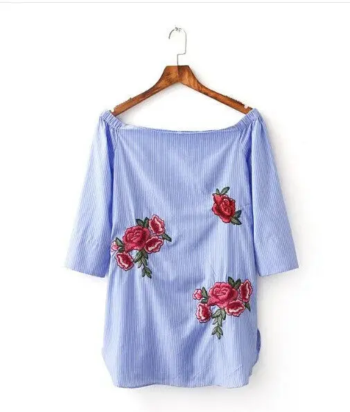 Off Shoulder Blue White Striped Print Dress Women Embroidery Flower Slash Neck Shoulderless Long Sleeve Dresses S M L 1
