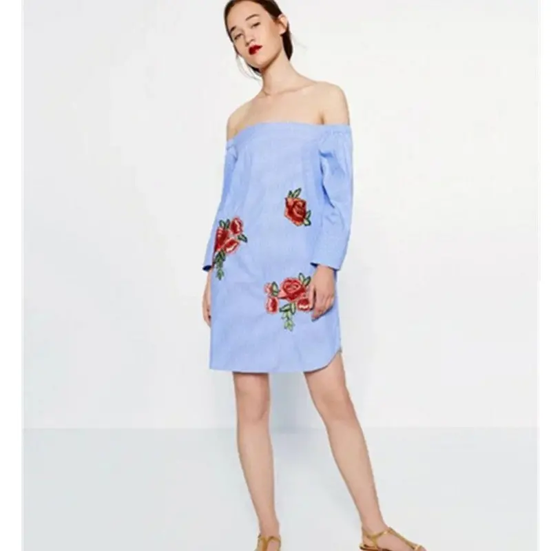 Off Shoulder Blue White Striped Print Dress Women Embroidery Flower Slash Neck Shoulderless Long Sleeve Dresses S M L 2