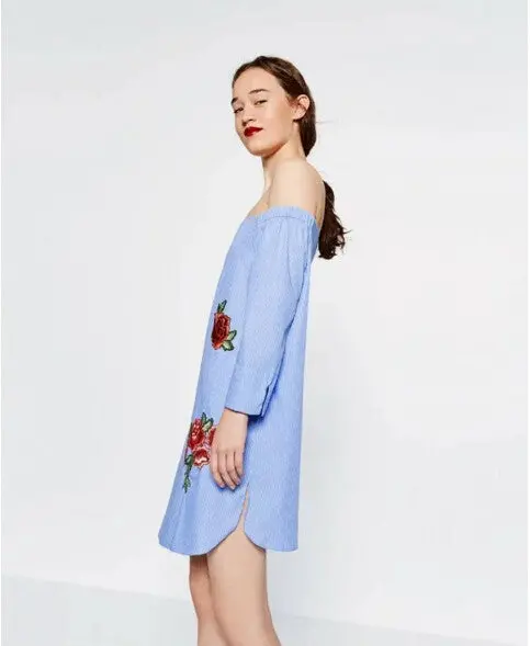 Off Shoulder Blue White Striped Print Dress Women Embroidery Flower Slash Neck Shoulderless Long Sleeve Dresses S M L 3