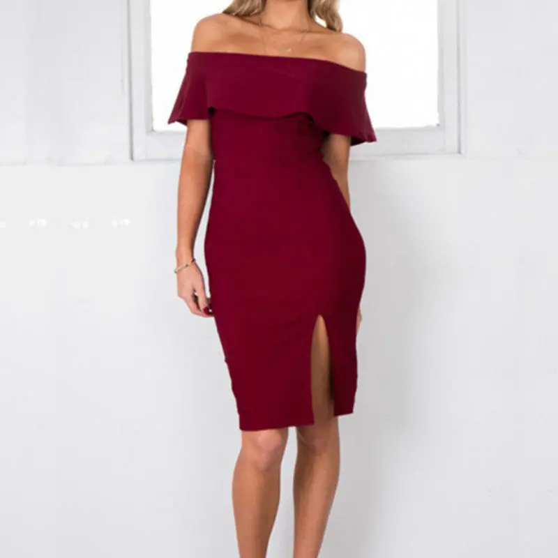 Off-Shoulder Bodycon Mini Dress – Asymmetrical Split-Hem Solid Color Casual Dress