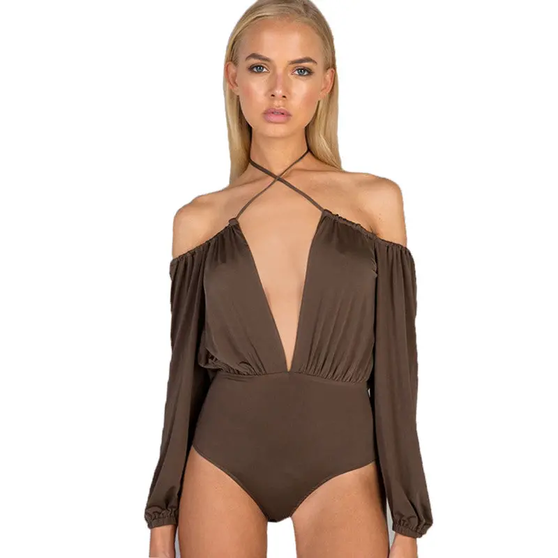 Off Shoulder Bodysuit Top Sexy Deep V Neck Halter Top Backless Body Top Cold Shoulder Bodysuit Women 3