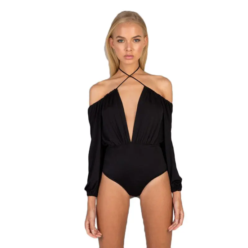 Off Shoulder Bodysuit Top Sexy Deep V Neck Halter Top Backless Body Top Cold Shoulder Bodysuit Women 5