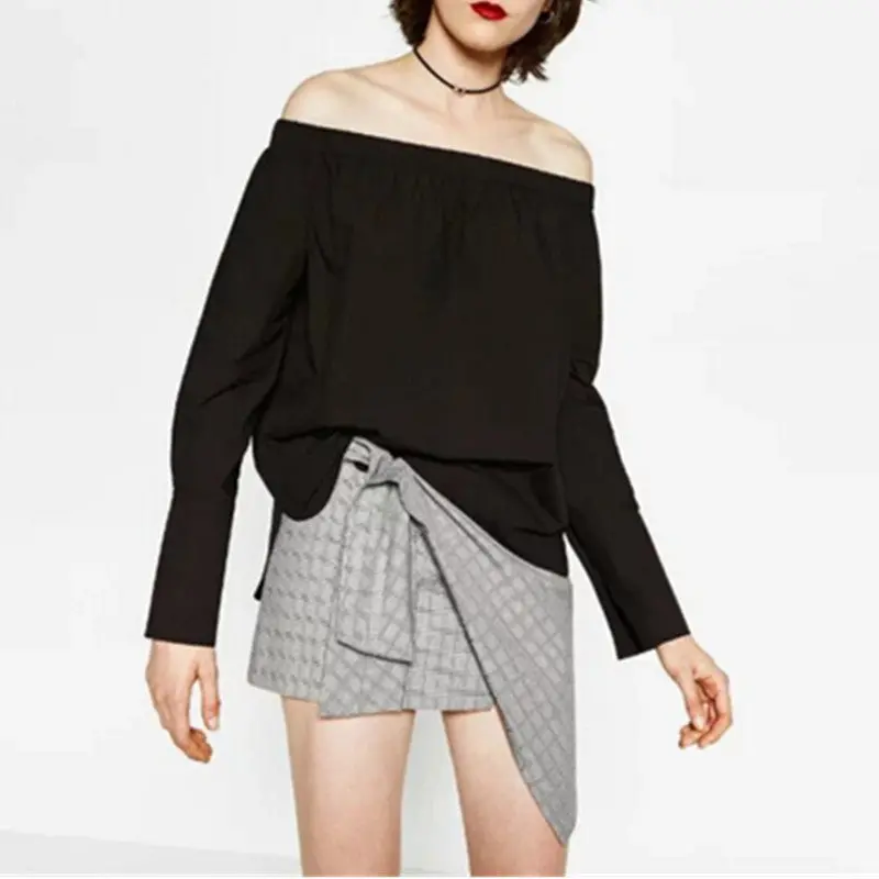 Off Shoulder Eelastic Slash Neck Shirt Women Shoulderless Long Sleeve Pullovers Blouse Tops Blusas Femme 3