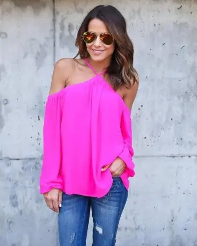 Off-Shoulder Halter Blouse – Flowy Chiffon Long-Sleeve Casual Top