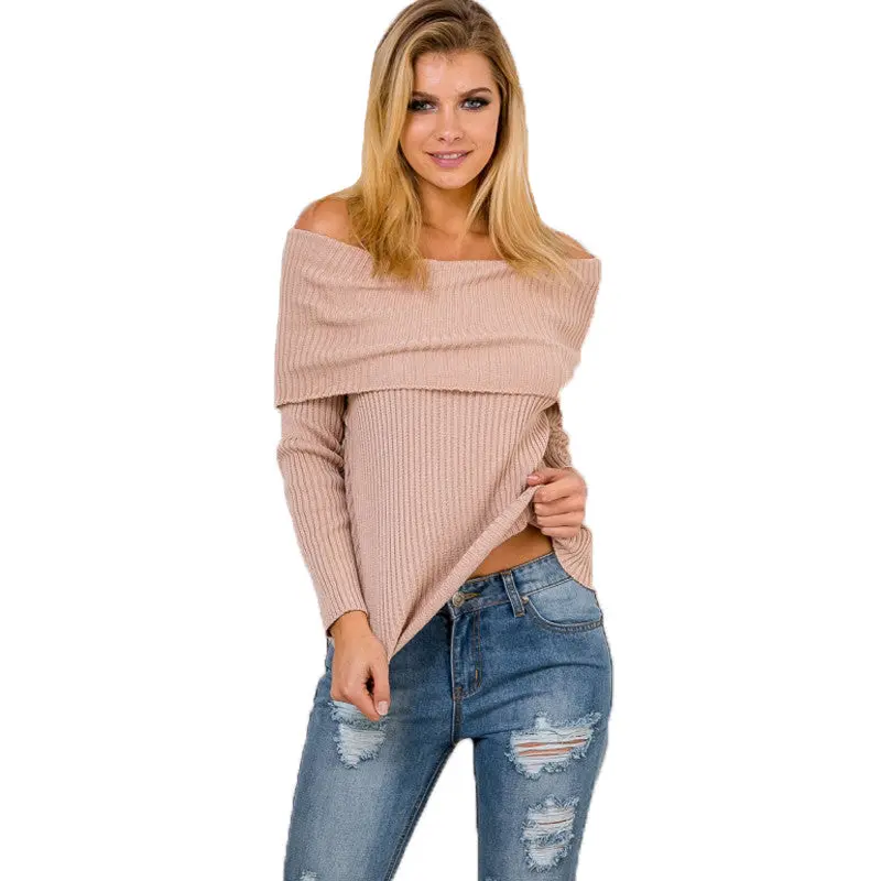 Off Shoulder Knit Pullovers Elastic Slim Basic Knitwear Tops Women Sexy Slash Neck Women Sweaters And Pullovers 5