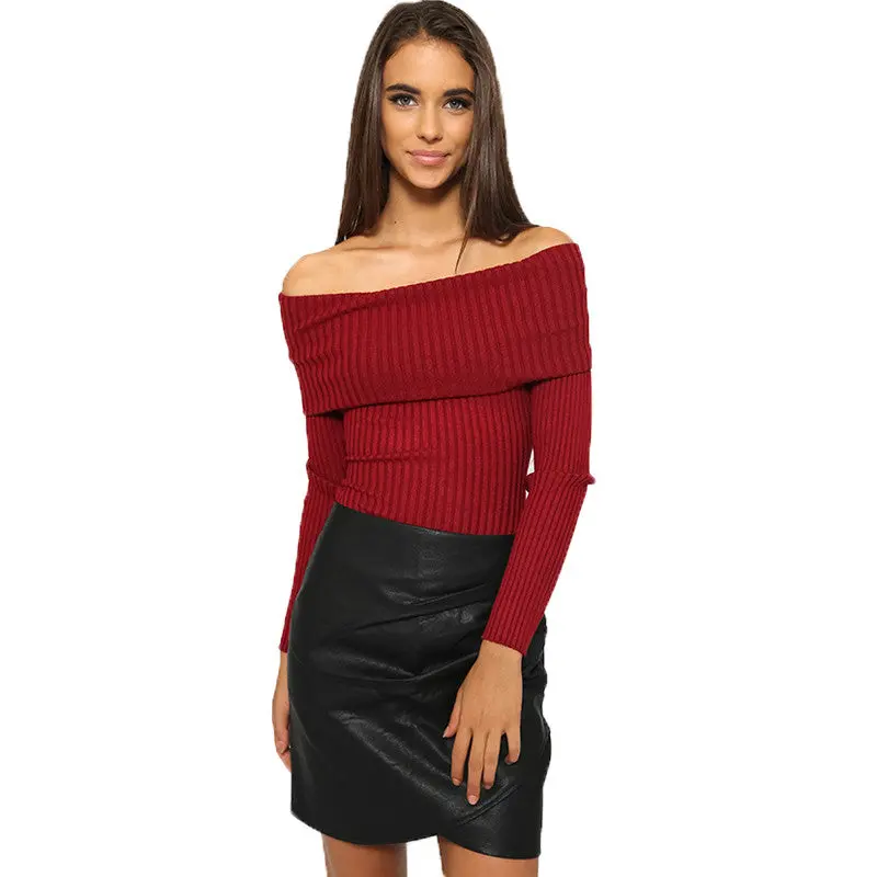 Off Shoulder Knit Pullovers Elastic Slim Basic Knitwear Tops Women Sexy Slash Neck Women Sweaters And Pullovers 7