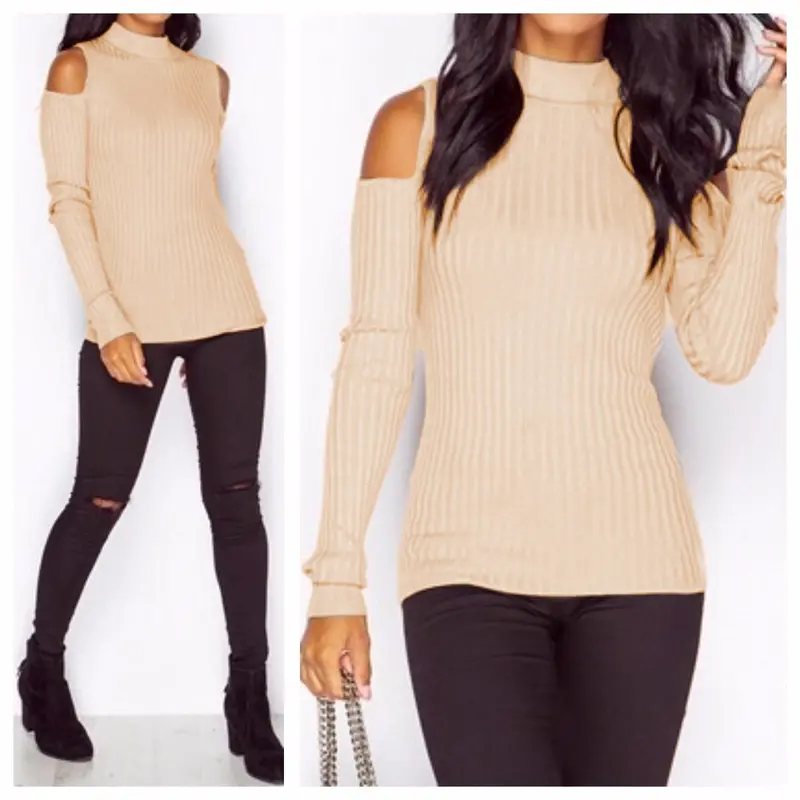 Off-Shoulder Knit Turtleneck Sweater – Textured Pullover in 5 Bold Colors (GV433)