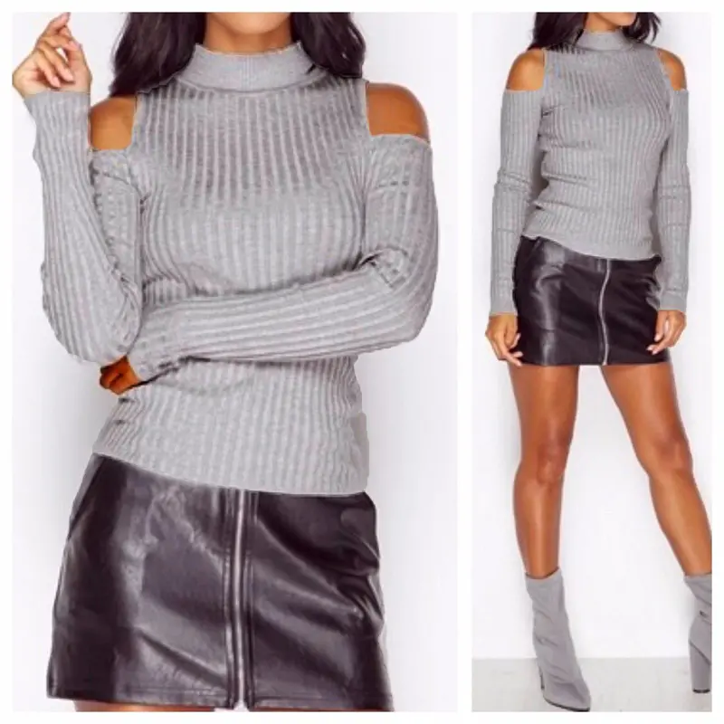 Off-Shoulder Knit Turtleneck Sweater – Textured Pullover in 5 Bold Colors (GV433)