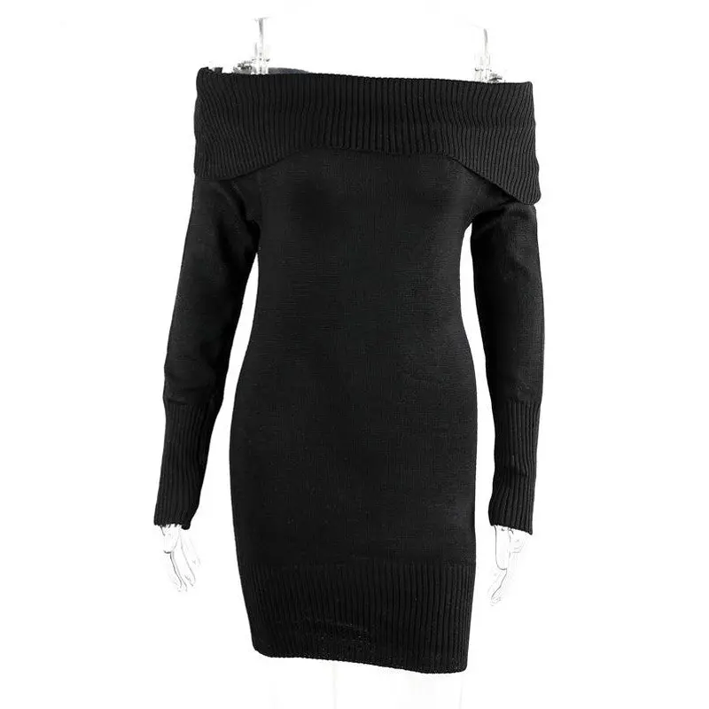 Off Shoulder Knitted Dress Womens Sexy Mini Dress Slash Neck Bodycon Dress Robe Femme Long Sleeve 1