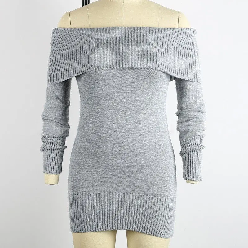 Off Shoulder Knitted Dress Womens Sexy Mini Dress Slash Neck Bodycon Dress Robe Femme Long Sleeve 2