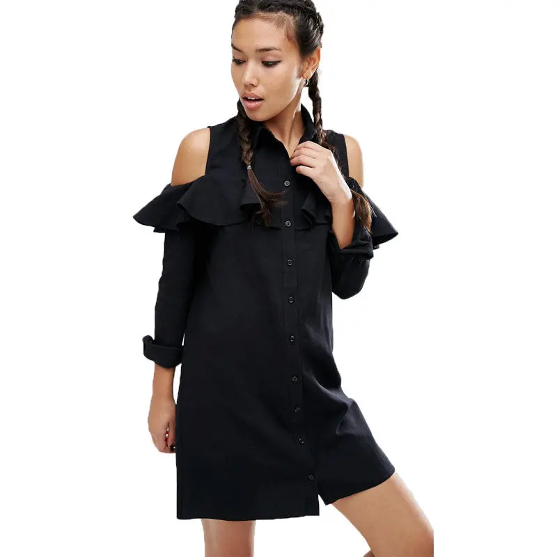 Off Shoulder Long Shirt Dress Black Turn Down Collar Ruffle Button Up Women Dress Long Sleeve Loose Robe Femme S-Xl 3